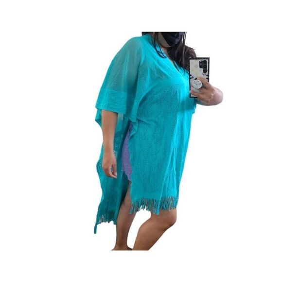 Swim cover up light teal fringe hi low fits S/L - Picture 5 of 5